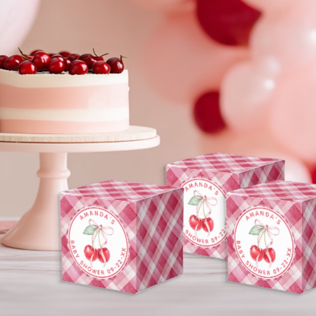 Ballotins Cerise sur le Baby shower supérieur rose En vichy  (Favor Box)