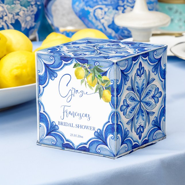 Ballotins C'est amore Bleu citron italien douche nuptiale (That's amore vintage Italian Blue tiles lemons bridal shower printed bonboniere candy Favor Boxes)