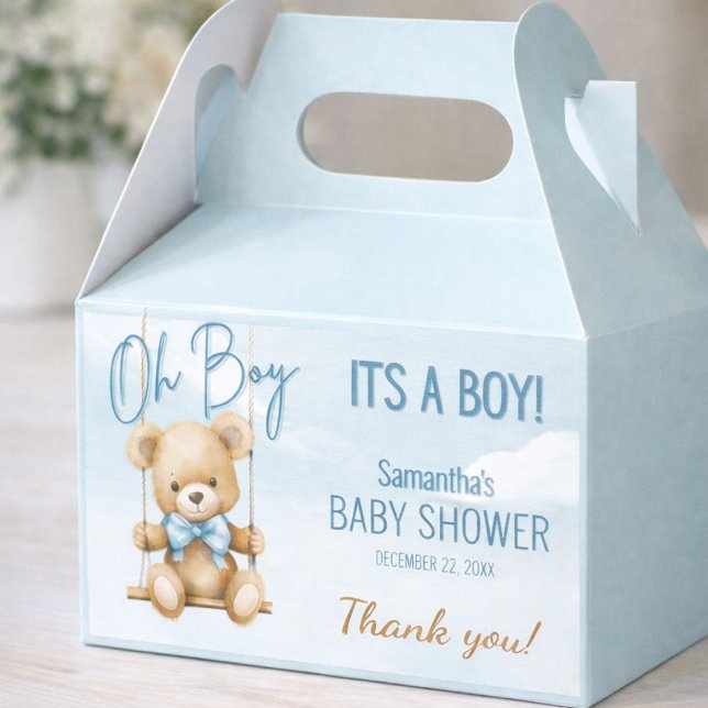 Ballotins C'est un Baby shower de Merci d'ours garçon (Elegant baby shower favor box with teddy bear theme and soft blue details.)