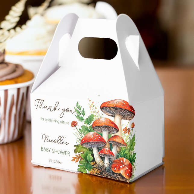 Ballotins Champignons de la forêt sauvage baby shower en fav (Wild forest red mushrooms fern baby shower favors personalized printed favor box  template )