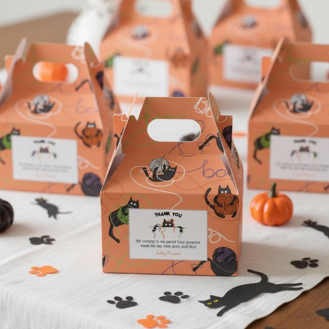 Ballotins Chats noirs et Halloween en fer à la carreaux (Orange Black Cat & Boo Yarn Halloween October Birthday Party Thank You Favor Boxes for Cat Lover)