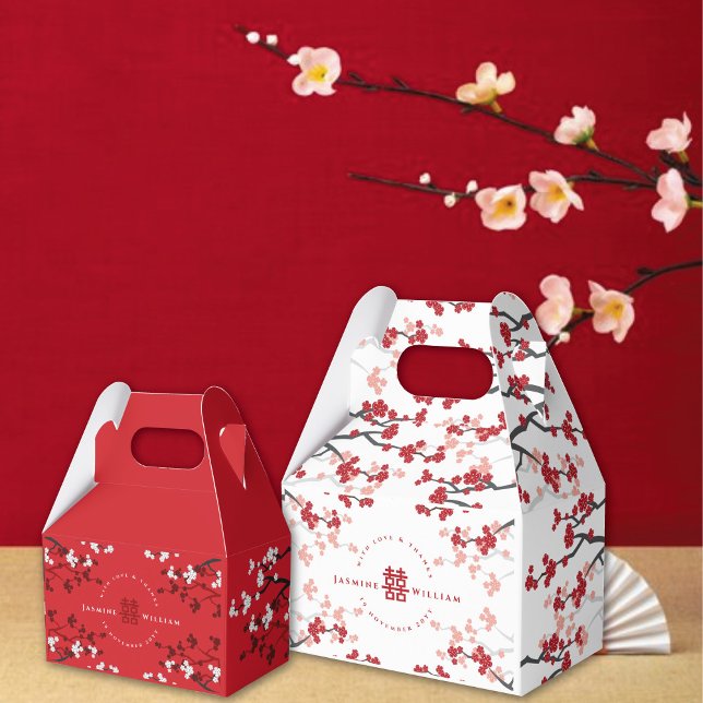 Ballotins Cherry Blossoms & Double Bonheur Mariage chinois (Red/White Cherry Blossoms Double Happiness Chinese Wedding Party Favor Boxes @ fatfatin_red_knot)