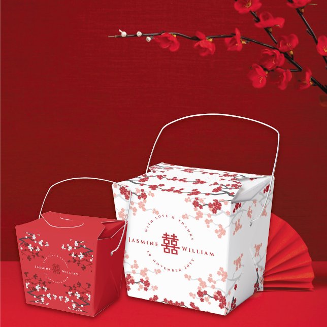 Ballotins Cherry Blossoms & Double Bonheur Mariage chinois (Red/White Cherry Blossoms Double Happiness Chinese Wedding Party Favor Boxes @ fatfatin_red_knot)