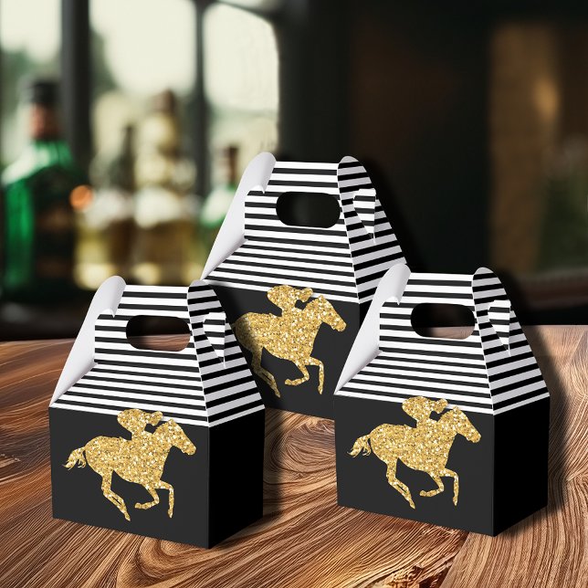 Ballotins Cheval de course à paillettes dorées Faux avec ray (Gold racehorse Derby party favor boxes are 4"w x 2.5"l x 5"h, ship flat, simple assembly required.)