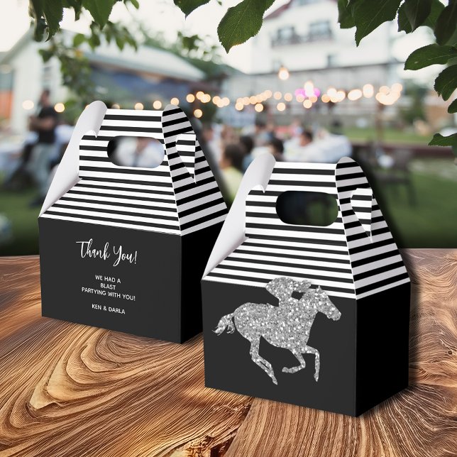 Ballotins Cheval de course argent rayures noires et blanches (Silver Racehorse Black White Stripes Gable Style Favor Boxes)