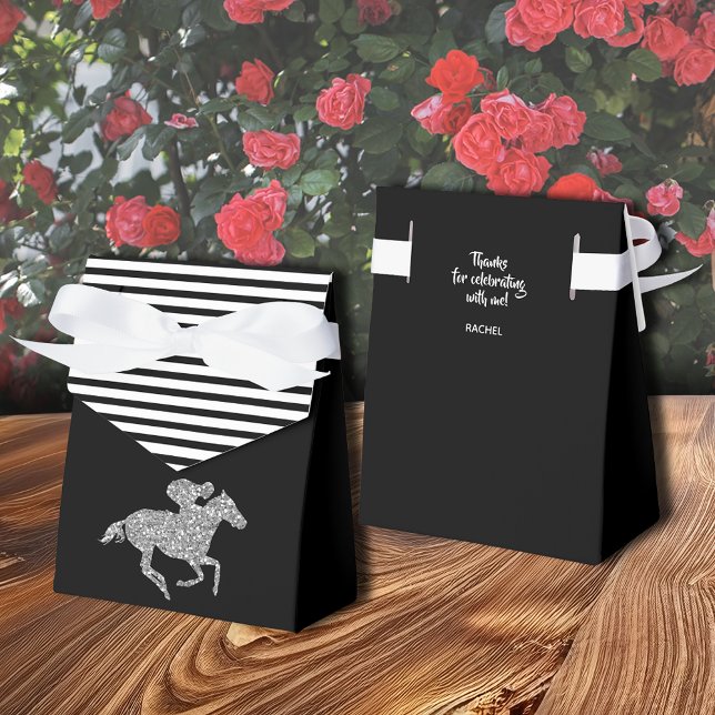 Ballotins Cheval de course Paillettes Argentées Rayures Noir (Silver racehorse tent-style ribbon close favor box with  thank you on the back, 3" x 1.5" x 3.25")