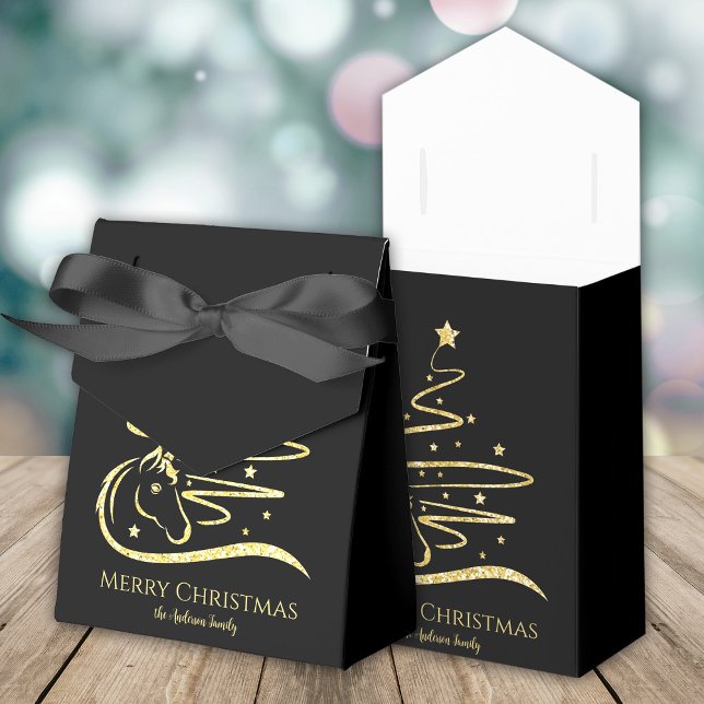 Ballotins Cheval sapin de Noël parties scintillant d'or éque (Horse Christmas tree gold glitter and black gift boxes, personalized,)