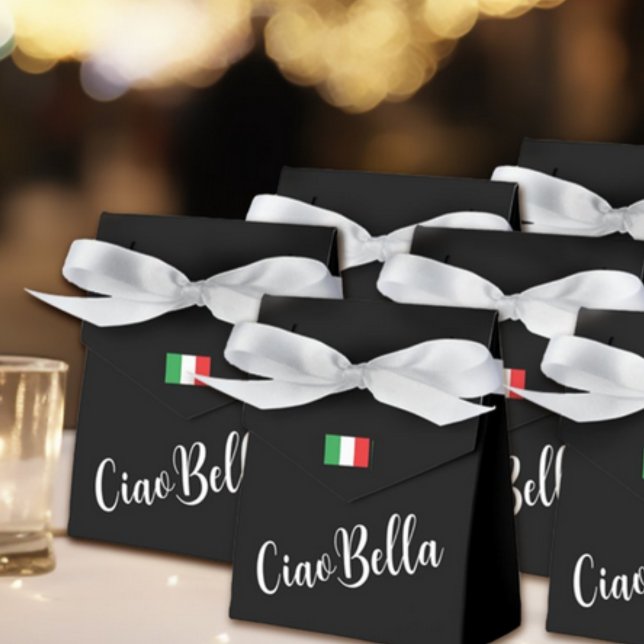 Ballotins Ciao Bella italien élégant script noir (Ciao Bella Black Favor Box with Custom Wording on Back for Bridal Showers, Spa, Bachelorette Party)