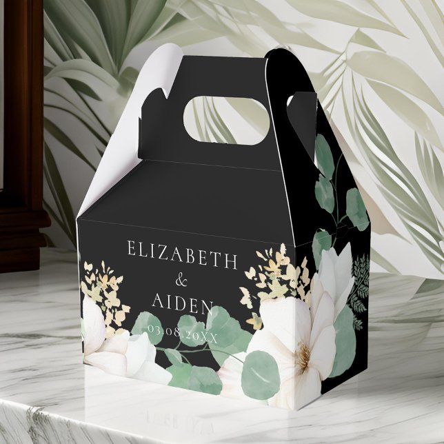 Ballotins Collection de Mariages floraux d'Eucalyptus (Eucalyptus Floral Wedding Collection Favor Boxes,black, white. With your name and date)