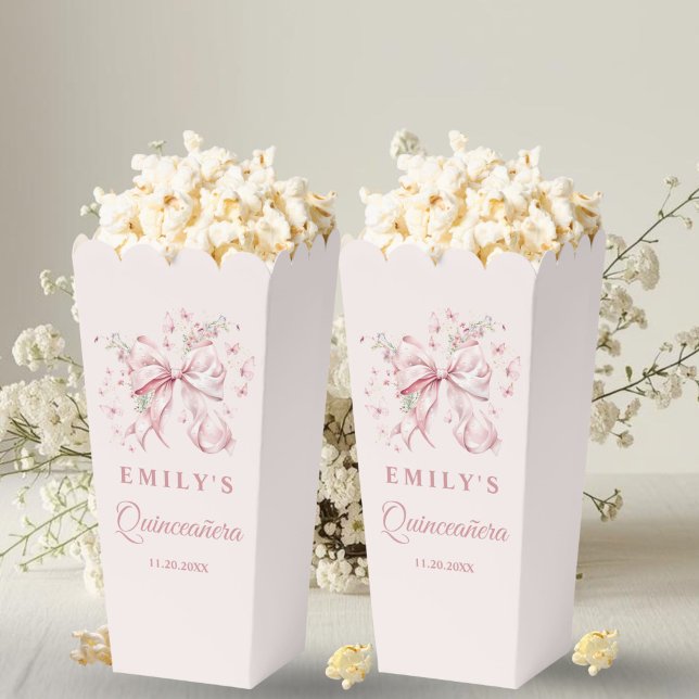 Ballotins Coquette Pink Bow Quinceanera Sweet 16 Popcorn (Coquette Pink Bow Birthday Popcorn Favor Box)