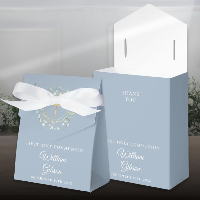 Ballotins Couronne de verdure pour première communion bleu p (First Holy Communion Greenery Garland Dusty Blue Favor Boxes)
