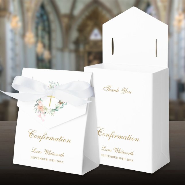 Ballotins Couronne florale de roses en écriture dorée pour c (Roses Floral Garland Gold Script Confirmation Favor Boxes)