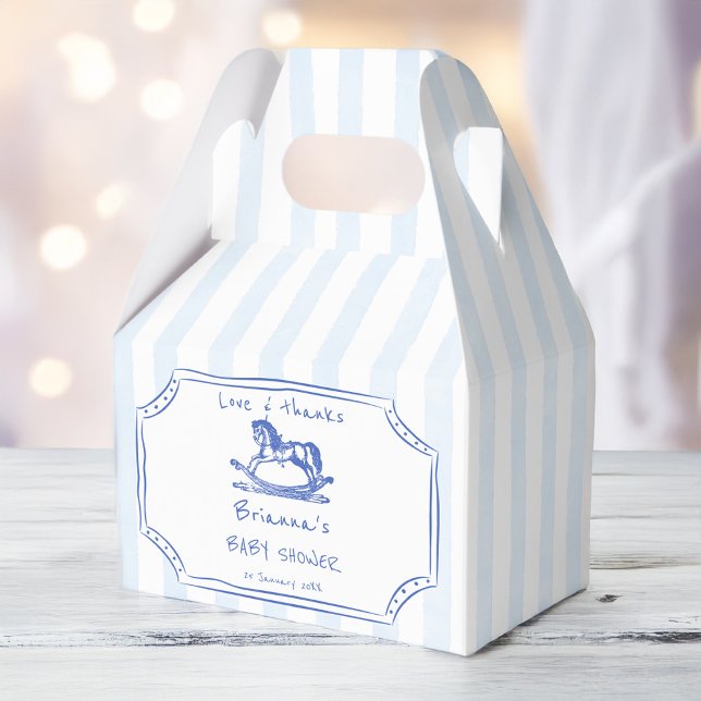 Ballotins Croquis à cheval bleu baby shower faveurs (Blue rocking horse handrawn sketch blue stripes baby shower favors personalized favor boxes)