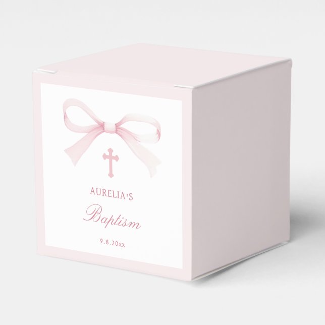 Ballotins Cube de baptême élégant aquarelle ruban rose (Verso)