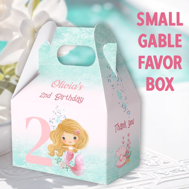 Ballotins Cute Petite Sirène Cheveux blond Anniversaire rose (Blonde Mermaid Small Gable Favor Boxes  -  You can choose from 3 sizes of these gable favor boxes)