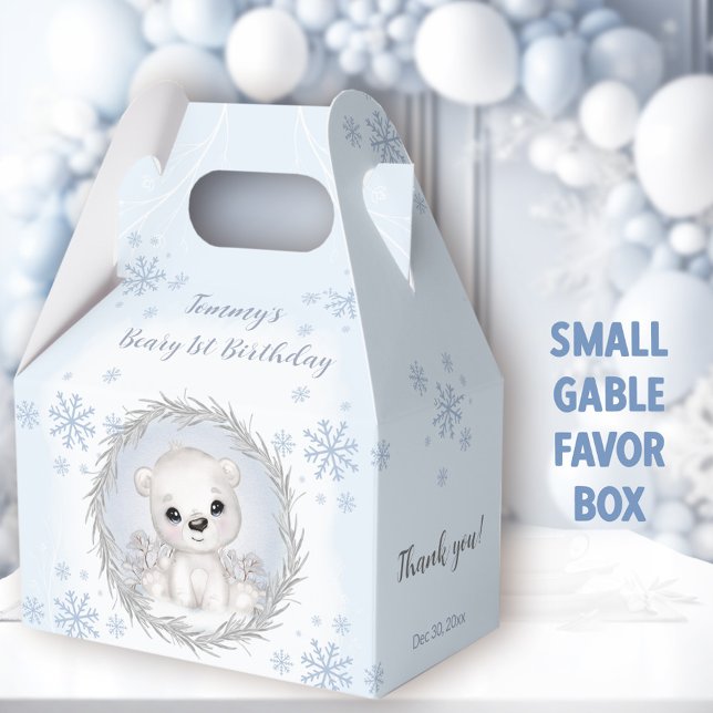 Ballotins Cute Polar Bear Boy Winter Blue 1er Anniversaire (Blue Polar Bear Small Gable Favor Boxes - You can choose from 3 sizes of these gable favor boxes )