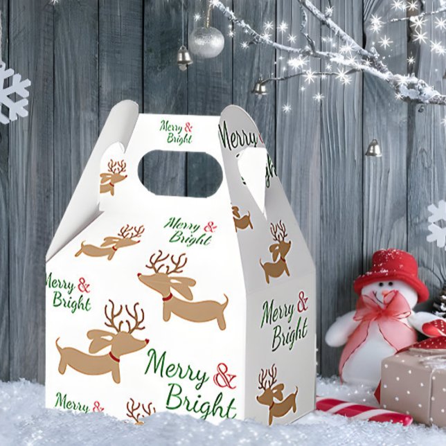 Ballotins Dachshund Reindeer Joyeux Noël boîte cadeau (Merry & Bright Dachshund Christmas gift box for wiener dog loving gifting)