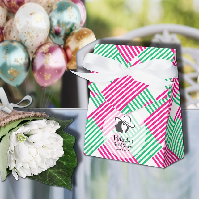 Ballotins Dame au grand chapeau de Derby Rose vif et bandes  (Big Derby hat lady on hot pink and green diagonal stripes ribboned tent style shower favor boxes)