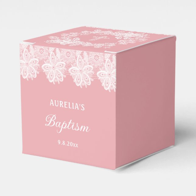 Ballotins Dentelle blanche sur le cube de Baptême rose (Verso)
