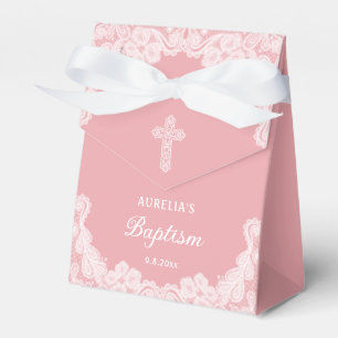 Ballotins Dentelle blanche sur tente Baptême rose