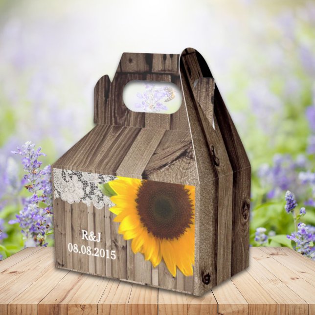 Ballotins dentelle rustique grange mariage campagnard de tou (rustic lace barn wood sunflower country wedding favor boxes)