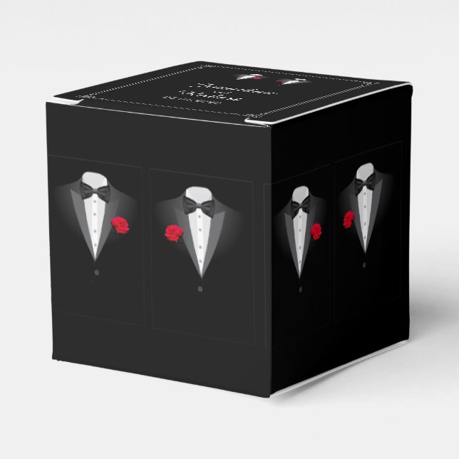 Ballotins Deux Tuxedos avec Red Rose Gay Wedding Favor Box (Verso)
