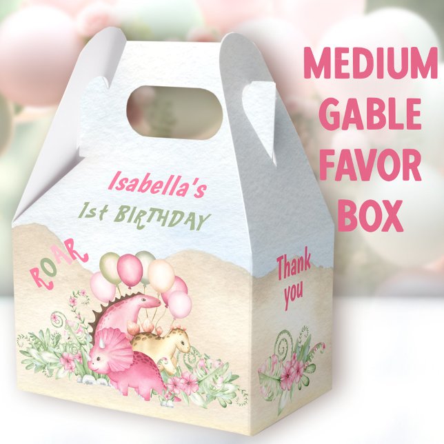 Ballotins Dinosaur Girl Pastel Rose Vert Anniversaire Moyen (Dinosaur Girl Medium Gable Favor Boxes - You can choose from 3 sizes of these gable favor boxes)