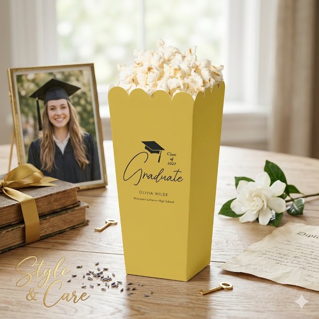 Ballotins Diplômé Script Personnalisé Stylé M Gold Popcorn (Stylish Custom Script Graduation M Gold Popcorn Favor Boxes)