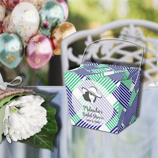 Ballotins Douche de Mariée Rayures Vert Marine À Emporter (Big Derby hat lady on blue and green diagonal stripes takeout style bridal shower favor boxes)