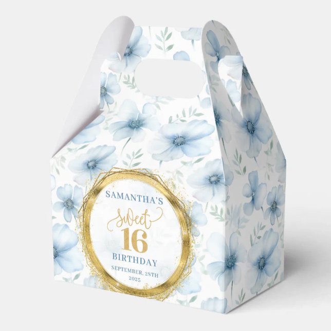Ballotins Doux 16 Ballotin Aquarelle Bleu Fleurs Or (Sweet 16 Favor Box Watercolor Blue Flowers Gold)