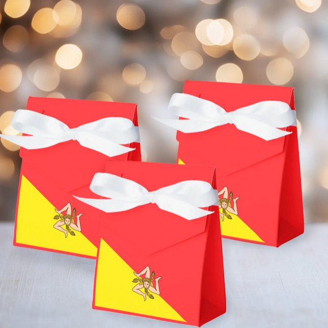 Ballotins Drapeau de Sicile Parti et événements siciliens Bo (Flag of Sicily Tent Favor Boxes with Custom Wording and White Satin Bow)