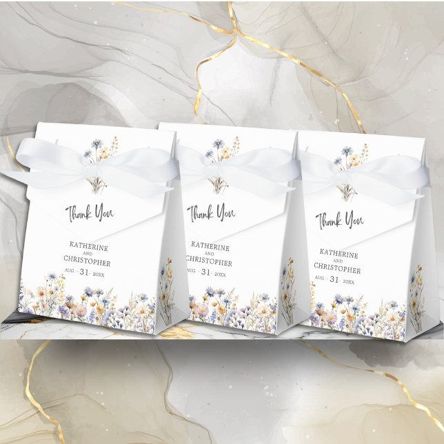 Ballotins Dusty Blue Fleurs sauvages BOHO Mariage Merci (Dusty Blue Wildflowers BOHO Wedding Thank You Favor Bow Box with Couple Names, Wedding Date.
)