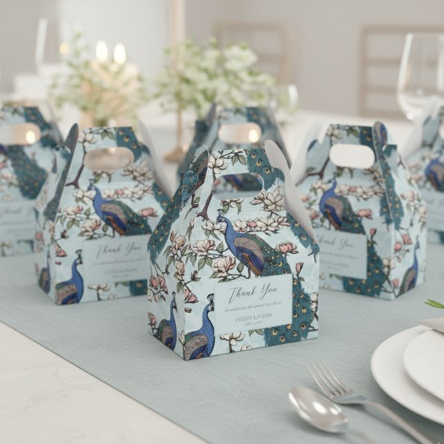 Ballotins Elégant bleu Peacocks et fleurs bleu (Chic Floral Peacock Pattern Thank You Wedding Light Blue Favor Boxes. Elegant Teal Peacock & Flowers)