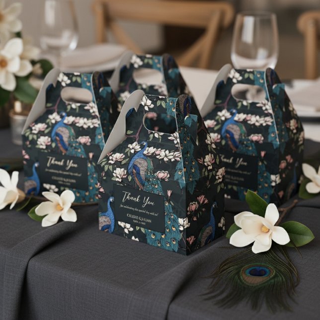Ballotins Elégant bleu Peacocks et Fleurs noir (Chic Floral Peacock Pattern Thank You Wedding Black Favor Boxes. Elegant Teal Peacock & Flowers)