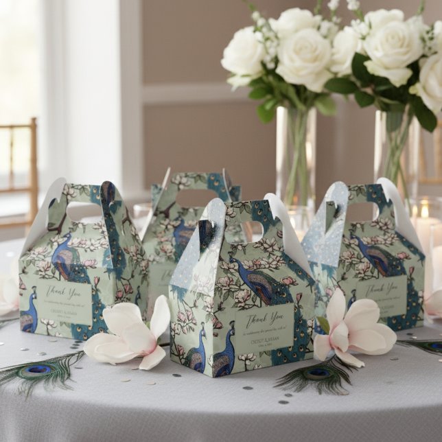 Ballotins Elégant Bleu Peacocks et Fleurs Sage Vert (Elegant Floral Peacock & Magnolia Flowers Wedding Thank You Favor Boxes. Chic Blue & Teal Peacock)