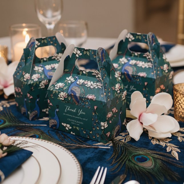 Ballotins Elégant Bleu Peacocks et Fleurs Vert Turquoise (Chic Floral Peacock Pattern Thank You Wedding Dark Teal Favor Boxes. Elegant Teal Peacock & Flowers)