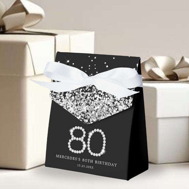 Ballotins Elégant Diamants d'argent noir 80e anniversaire (Diamonds 80th Birthday Favor Gift Boxes)