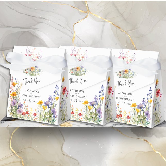 Ballotins Élégant Fleur sauvage coloré Merci Mariage (Elegant Colorful Wildflowers Wedding Thank You Favor Bow Box with Couple's Names, Date.)
