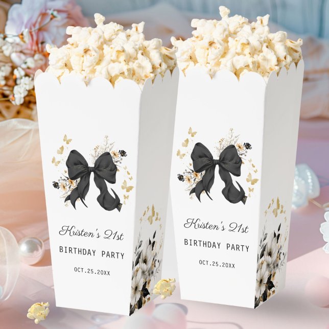 Ballotins Élégant Fleur sauvage noir  Popcorn Ballotin (Elegant Black Bow Coquette and Floral Popcorn Favor Box)