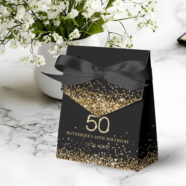 Ballotins Elegant Gold Diamonds 50th Birthday Favor Box (Gold 50th Birthday Thank you Favor Box)