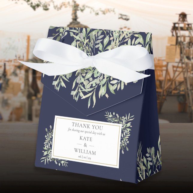 Ballotins Elégant Marine Bleu Botanique Vert Mariage (Elegant Navy Blue Botanical Greenery Wedding Favor Boxes)
