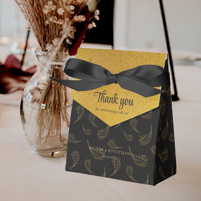 Ballotins Élégant noir et brillant Merci Mariage or (Elegant Black and Shiny Gold Thank You Wedding Favor Box)