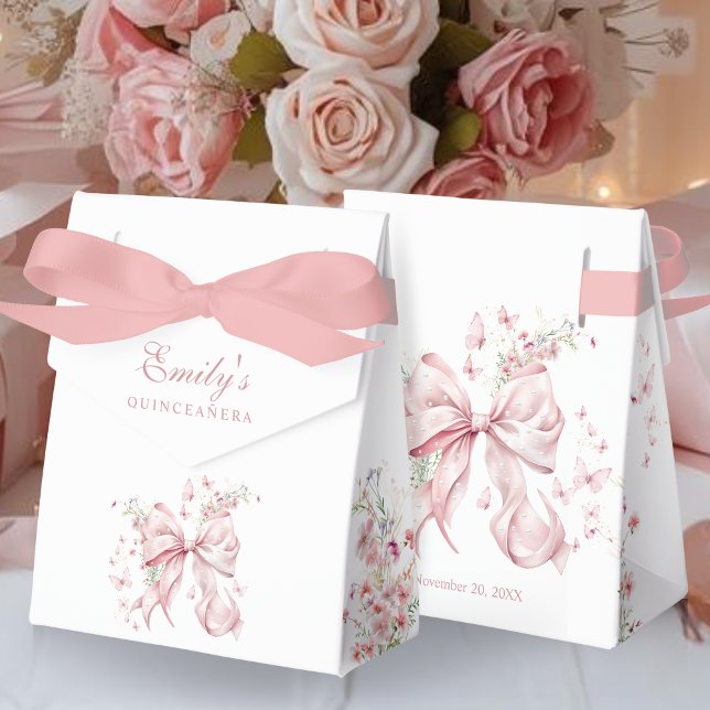 Ballotins Elégant Perles de Bow Rose Floral Quinceanera Cade (Elegant Pink Bow Pearls floral Quinceañera Birthday Gift favor boxes)
