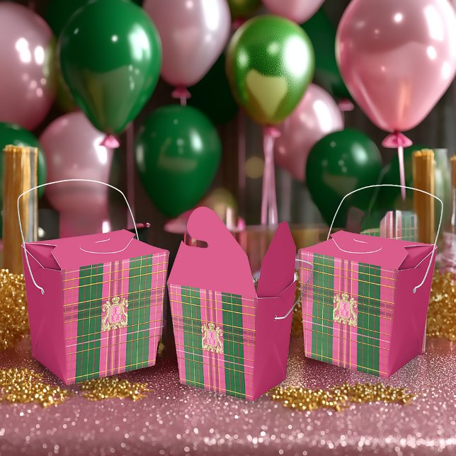 Ballotins Élégante Crête rose et verte or plaqué (Beautiful Festive Pink and Green Plaid Monogrammed Favor Boxes )