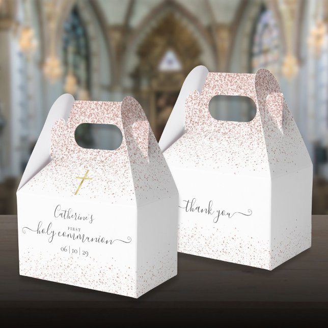Ballotins Élégante Parties scintillant Rose d'or Première co (Elegant Rose Gold Glitter First Holy Communion Favor Boxes)