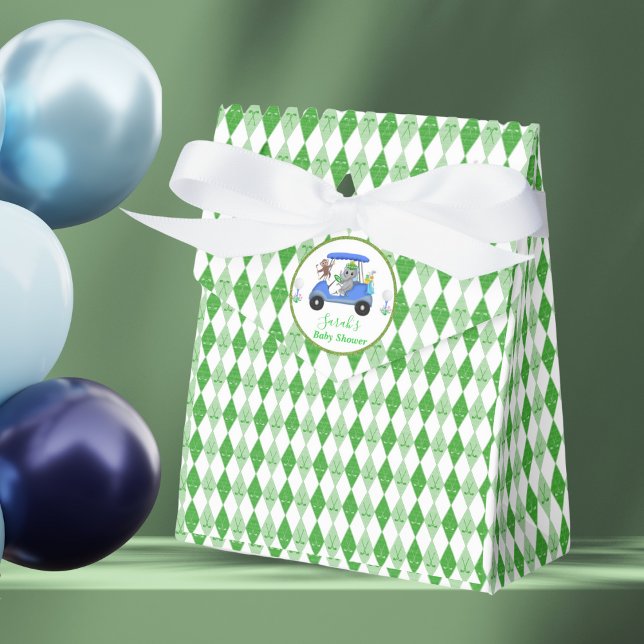 Ballotins Élément de retour pour Baby Shower Garçon Éléphant (This unique golf design has the Elephant and Monkey golf cart with the diamond green pattern.)