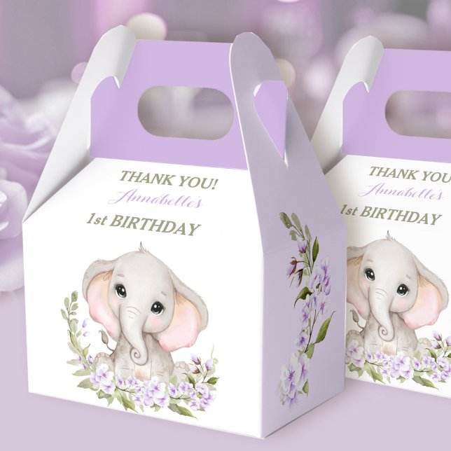 Ballotins Eléphant 1er anniversaire fille Printemps Floral p (Elephant 1st Birthday Girl Spring Purple Floral Favor Boxes)