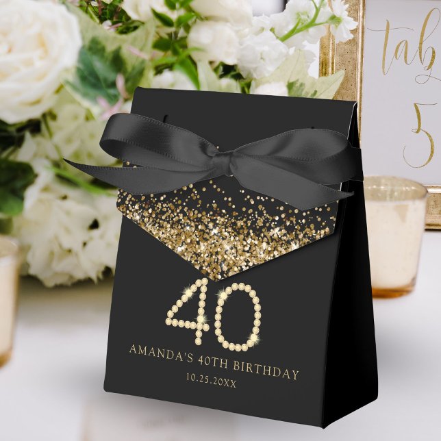Ballotins Fête d'anniversaire 40 ans Diamants Or (Black and gold 40th birthday party favor gift boxes)