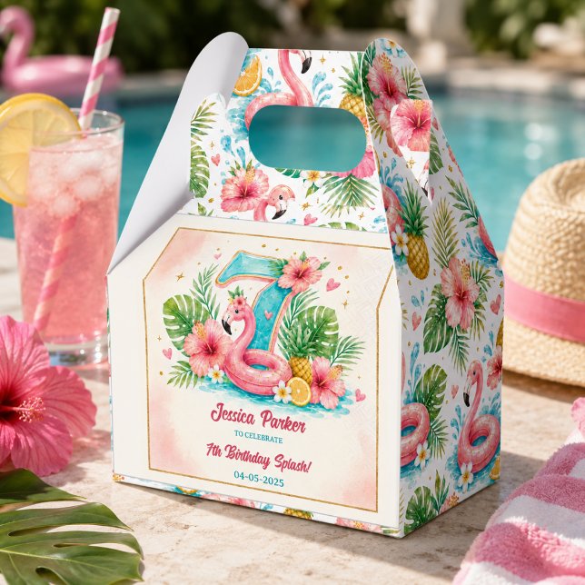 Ballotins Fête d'anniversaire 7 ans Tropical Flamingo Pool P (Tropical Flamingo Pool Party 7th Birthday Splash Favor Boxes
)