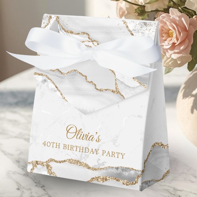 Ballotins Fête d'anniversaire élégante agate blanc et or (Modern white and Gold Birthday Party Favor gift boxes)